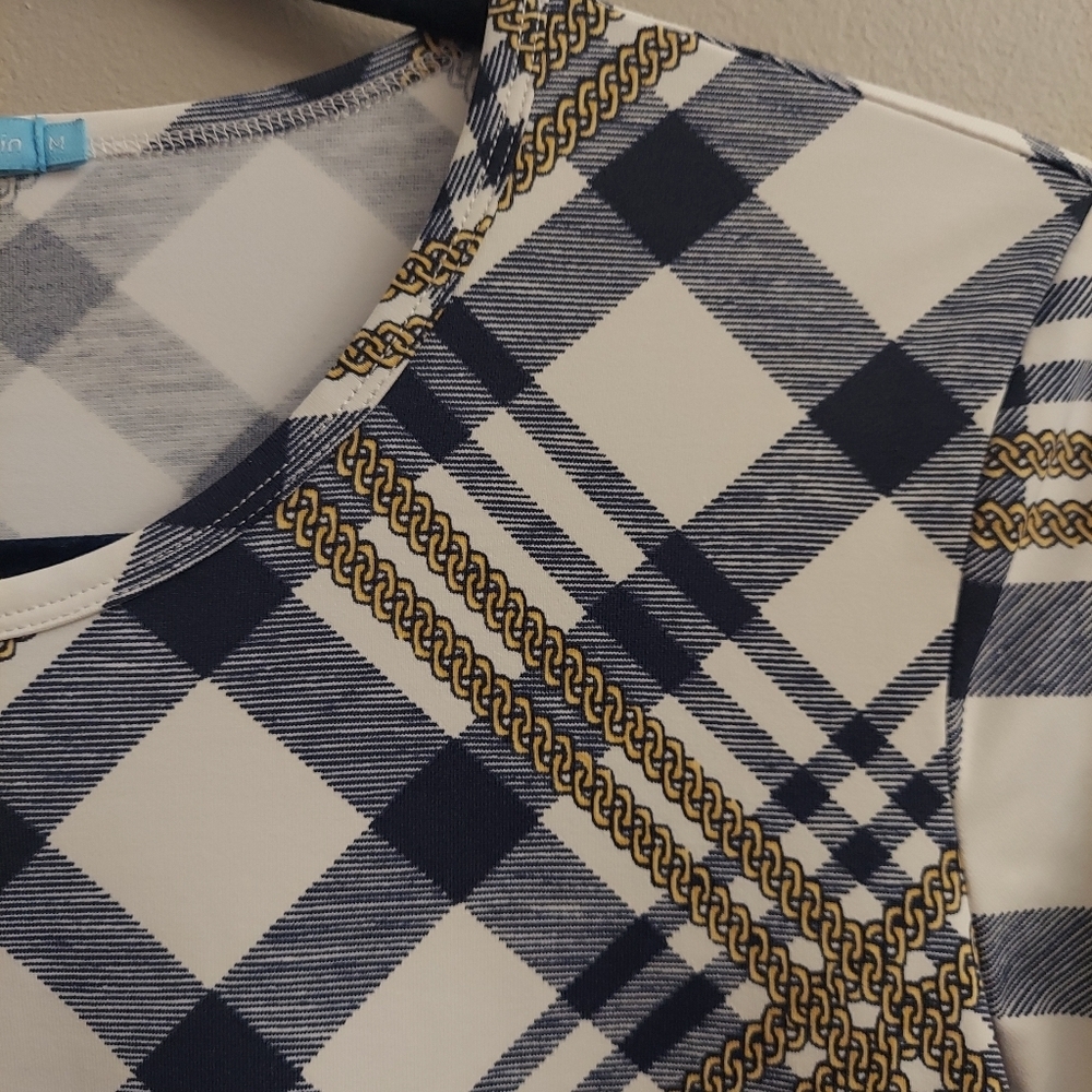 J MCLAUGHLIN Signature Catalina Cloth Blue And White Plaid 3/4 Length Sleeve Top - Picture 3 of 11